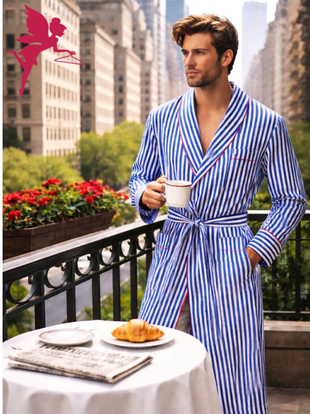 SCULLY & SCULLY PARK AVENUE Mens' Blue & White Striped Soft Cotton Poplin Robe